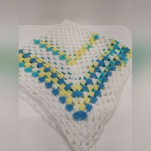 hand crochet baby blanket receiving blue yellow white 31 in x 32 in rectangle